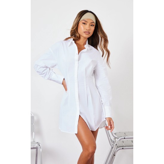 White Fitted Waist Long Sleeve Button Shirt Dress White Fitted Waist Long Sleeve Button Shirt Dress
