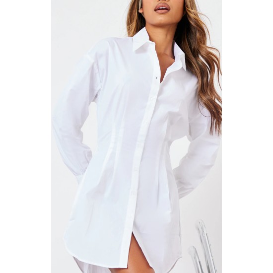 White Fitted Waist Long Sleeve Button Shirt Dress White Fitted Waist Long Sleeve Button Shirt Dress