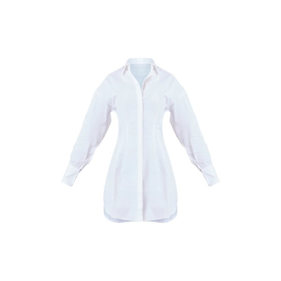 White Fitted Waist Long Sleeve Button Shirt Dress White Fitted Waist Long Sleeve Button Shirt Dress