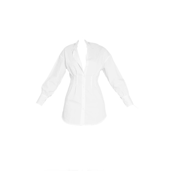 White Fitted Waist Long Sleeve Button Shirt Dress White Fitted Waist Long Sleeve Button Shirt Dress