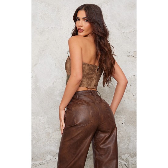 Chocolate Washed Faux Leather Dip Hem Corset Chocolate Washed Faux Leather Dip Hem Corset