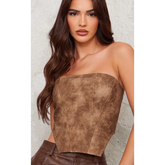 Chocolate Washed Faux Leather Dip Hem Corset Chocolate Washed Faux Leather Dip Hem Corset