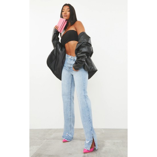Light Blue Wash Ripped Split Hem Straight Leg Jeans Light Blue Wash Ripped Split Hem Straight Leg Jeans
