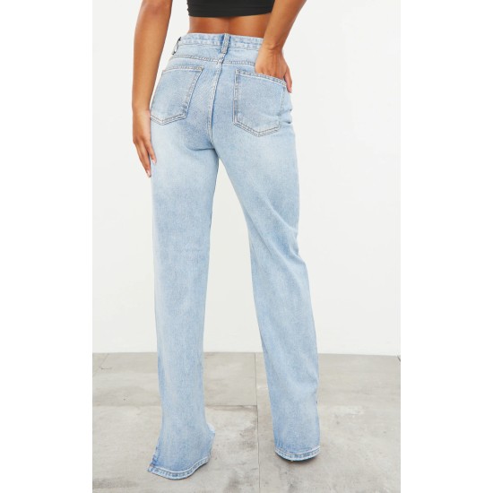 Light Blue Wash Ripped Split Hem Straight Leg Jeans Light Blue Wash Ripped Split Hem Straight Leg Jeans