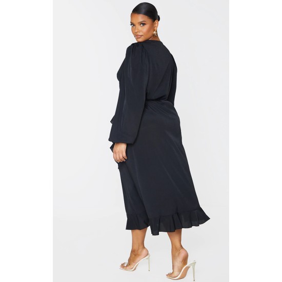 Plus Black Ruffle Wrap Front Midi Dress Plus Black Ruffle Wrap Front Midi Dress