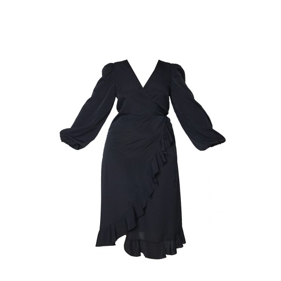Plus Black Ruffle Wrap Front Midi Dress Plus Black Ruffle Wrap Front Midi Dress