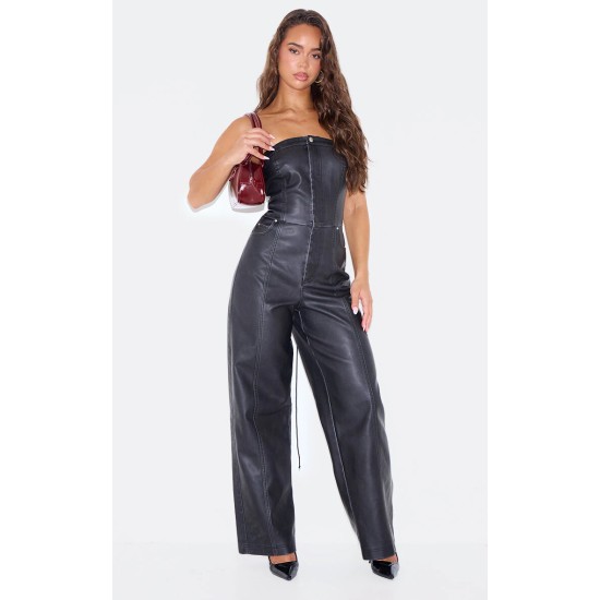 Black Faux Leather Bandeau Lace Back Straight Leg Jumpsuit Black Faux Leather Bandeau Lace Back Straight Leg Jumpsuit