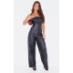 Black Faux Leather Bandeau Lace Back Straight Leg Jumpsuit Black Faux Leather Bandeau Lace Back Straight Leg Jumpsuit