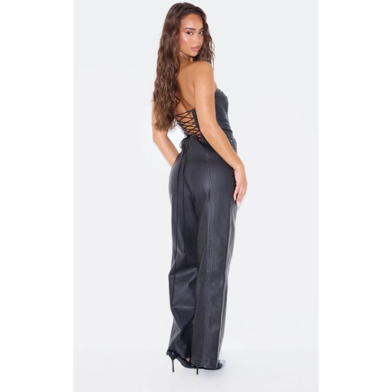 Black Faux Leather Bandeau Lace Back Straight Leg Jumpsuit Black Faux Leather Bandeau Lace Back Straight Leg Jumpsuit