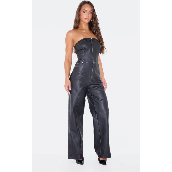 Black Faux Leather Bandeau Lace Back Straight Leg Jumpsuit Black Faux Leather Bandeau Lace Back Straight Leg Jumpsuit