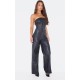Black Faux Leather Bandeau Lace Back Straight Leg Jumpsuit Black Faux Leather Bandeau Lace Back Straight Leg Jumpsuit