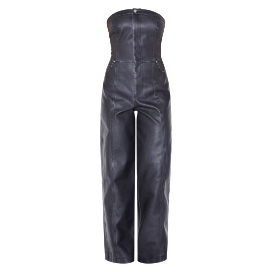Black Faux Leather Bandeau Lace Back Straight Leg Jumpsuit Black Faux Leather Bandeau Lace Back Straight Leg Jumpsuit