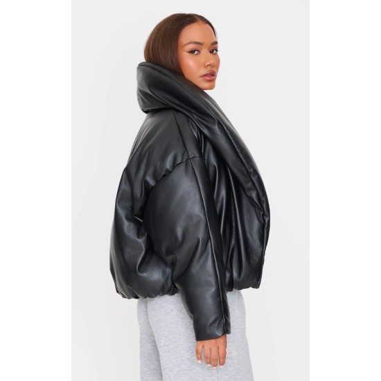 Petite Black Exaggerated Collar PU Puffer Coat Petite Black Exaggerated Collar PU Puffer Coat