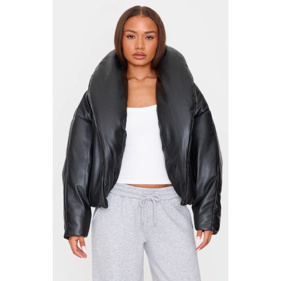 Petite Black Exaggerated Collar PU Puffer Coat Petite Black Exaggerated Collar PU Puffer Coat