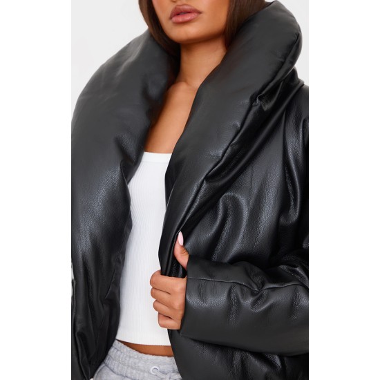 Petite Black Exaggerated Collar PU Puffer Coat Petite Black Exaggerated Collar PU Puffer Coat