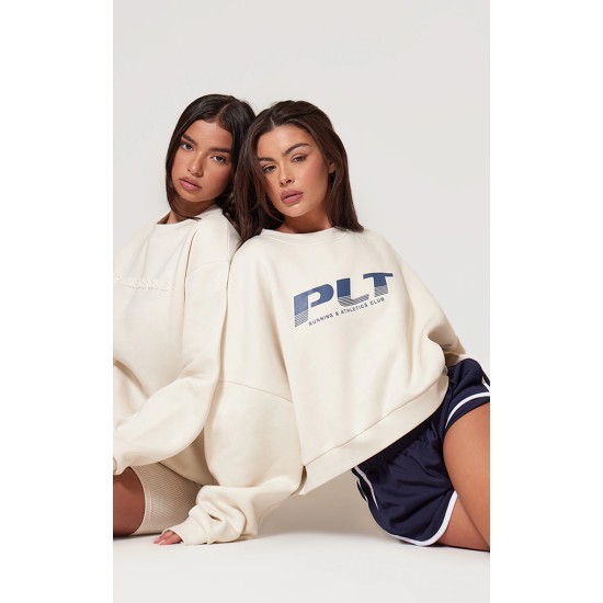 PRETTYLITTLETHING Cream Athletics Club Embossed Oversized Boxy Sweatshirt PRETTYLITTLETHING Cream Athletics Club Embossed Oversized Boxy Sweatshirt