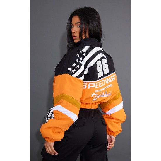 Orange Cropped Oversized Graphic Zipped Racer Bomber Jacket Orange Cropped Oversized Graphic Zipped Racer Bomber Jacket