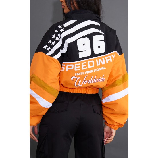 Orange Cropped Oversized Graphic Zipped Racer Bomber Jacket Orange Cropped Oversized Graphic Zipped Racer Bomber Jacket
