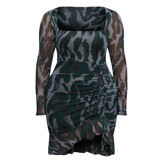 Shape Green Abstract Print Mesh Long Sleeve Ruched Side Frill Hem Bodycon Dress Shape Green Abstract Print Mesh Long Sleeve Ruched Side Frill Hem Bodycon Dress