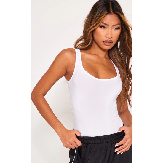 White Basic Slinky Scoop Neck Bodysuit White Basic Slinky Scoop Neck Bodysuit