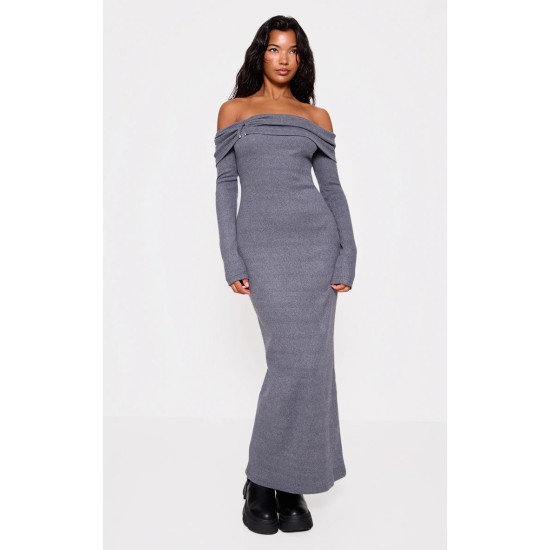 Charcoal Heavy Brushed Rib Bardot Trim Maxi Dress Charcoal Heavy Brushed Rib Bardot Trim Maxi Dress