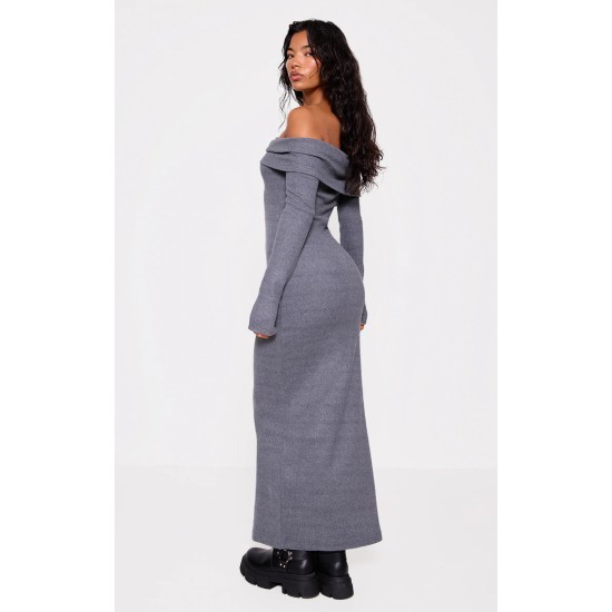 Charcoal Heavy Brushed Rib Bardot Trim Maxi Dress Charcoal Heavy Brushed Rib Bardot Trim Maxi Dress