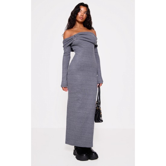 Charcoal Heavy Brushed Rib Bardot Trim Maxi Dress Charcoal Heavy Brushed Rib Bardot Trim Maxi Dress