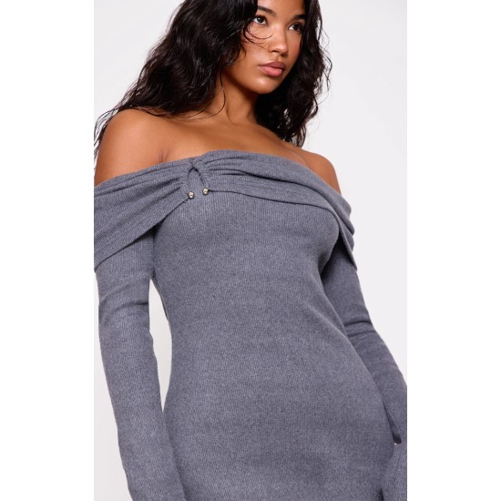 Charcoal Heavy Brushed Rib Bardot Trim Maxi Dress Charcoal Heavy Brushed Rib Bardot Trim Maxi Dress
