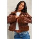 Chocolate Borg Pocket Front Faux Leather Cropped Coat Chocolate Borg Pocket Front Faux Leather Cropped Coat