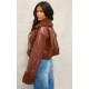 Chocolate Borg Pocket Front Faux Leather Cropped Coat Chocolate Borg Pocket Front Faux Leather Cropped Coat