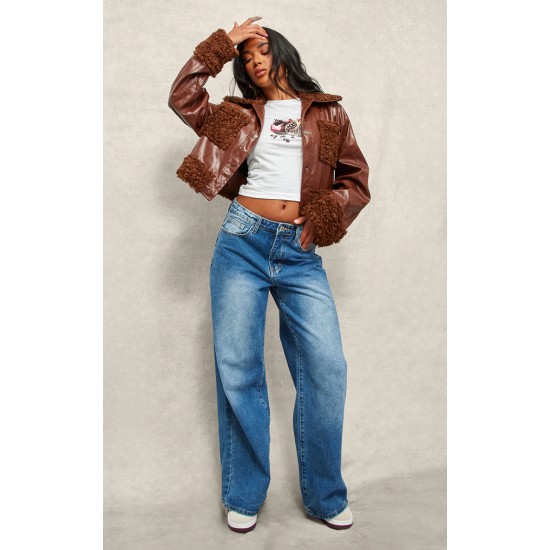 Chocolate Borg Pocket Front Faux Leather Cropped Coat Chocolate Borg Pocket Front Faux Leather Cropped Coat