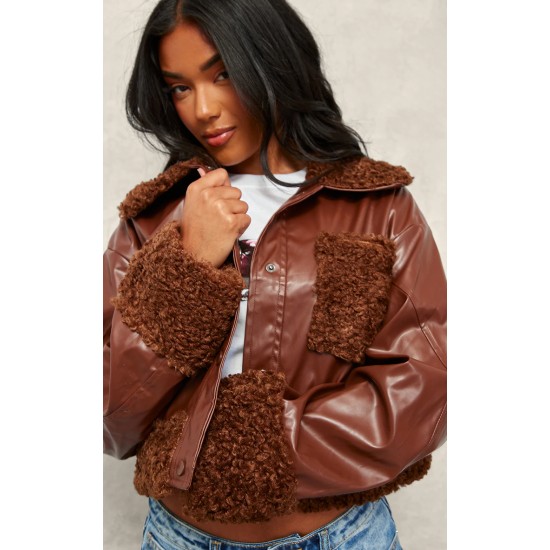 Chocolate Borg Pocket Front Faux Leather Cropped Coat Chocolate Borg Pocket Front Faux Leather Cropped Coat