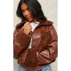 Chocolate Borg Pocket Front Faux Leather Cropped Coat Chocolate Borg Pocket Front Faux Leather Cropped Coat
