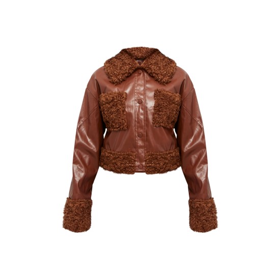 Chocolate Borg Pocket Front Faux Leather Cropped Coat Chocolate Borg Pocket Front Faux Leather Cropped Coat