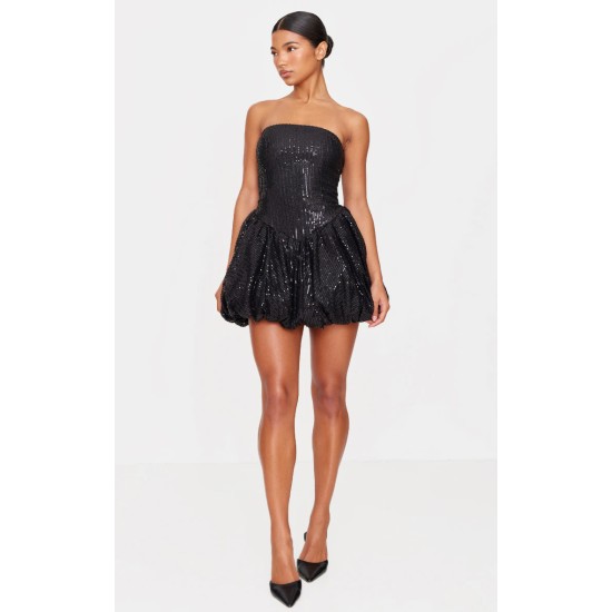 Black Sequin Bandeau Mini Puffball Dress Black Sequin Bandeau Mini Puffball Dress