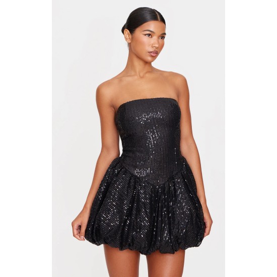 Black Sequin Bandeau Mini Puffball Dress Black Sequin Bandeau Mini Puffball Dress