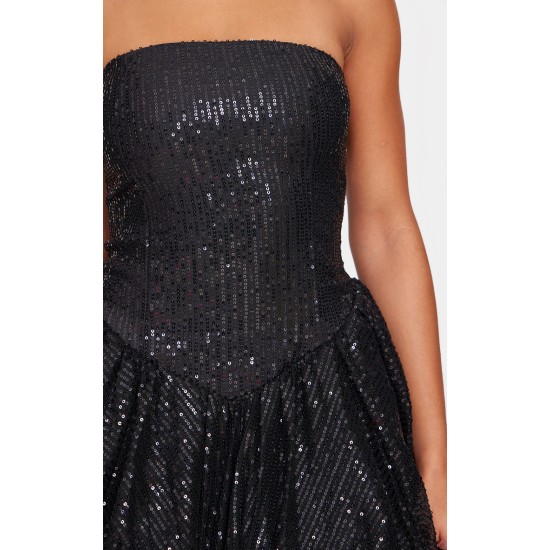 Black Sequin Bandeau Mini Puffball Dress Black Sequin Bandeau Mini Puffball Dress
