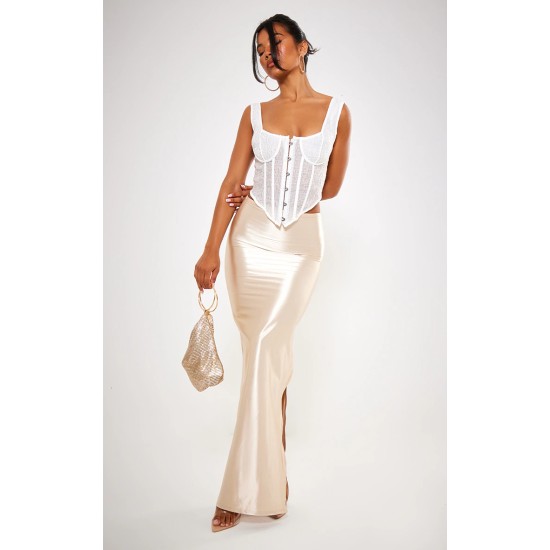 Champagne Stretch Satin Split Side Maxi Skirt Champagne Stretch Satin Split Side Maxi Skirt