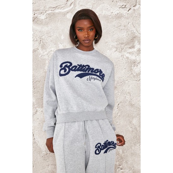 Tall Grey Marl Baltimore Borg Applique Detail Oversized Sweatshirt Tall Grey Marl Baltimore Borg Applique Detail Oversized Sweatshirt