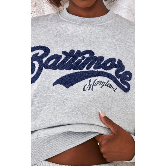Tall Grey Marl Baltimore Borg Applique Detail Oversized Sweatshirt Tall Grey Marl Baltimore Borg Applique Detail Oversized Sweatshirt
