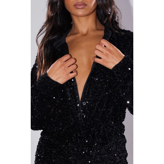 Black Sequin Shirt Romper Black Sequin Shirt Romper