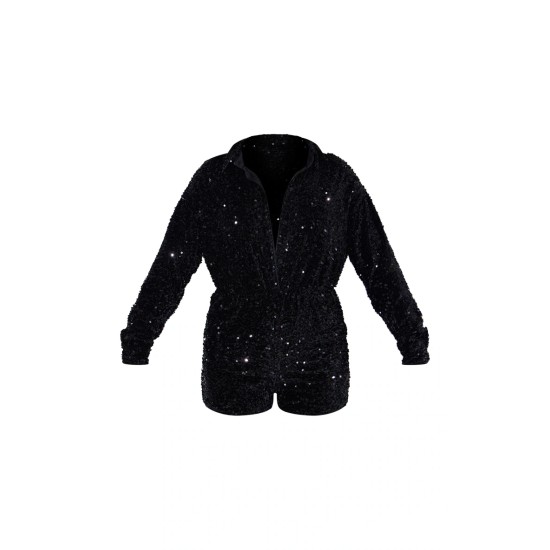 Black Sequin Shirt Romper Black Sequin Shirt Romper