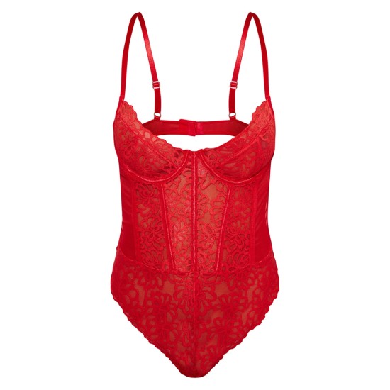 Red Floral Scalloped Edge Lace Cut Out Bodysuit Red Floral Scalloped Edge Lace Cut Out Bodysuit