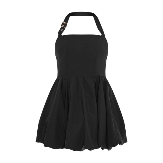 Black Buckle Detail Halterneck Puffball Mini Dress Black Buckle Detail Halterneck Puffball Mini Dress