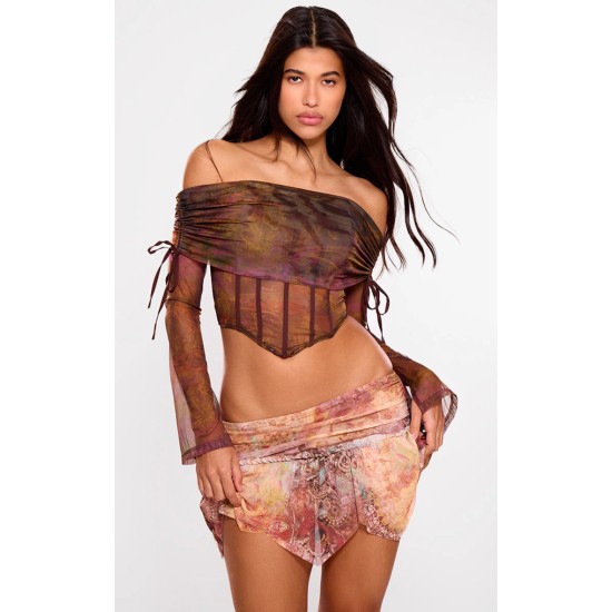 Brown Mesh Bardot Boning Corset Brown Mesh Bardot Boning Corset