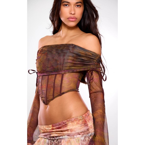 Brown Mesh Bardot Boning Corset Brown Mesh Bardot Boning Corset