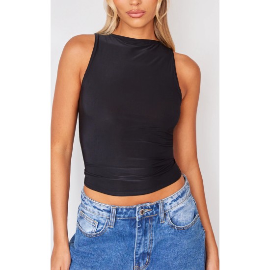 Black Boatneck Slinky Sleeveless Long Top Black Boatneck Slinky Sleeveless Long Top