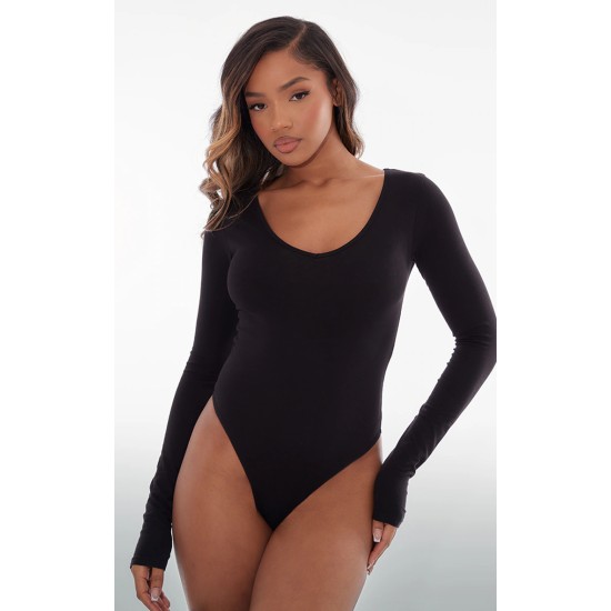 Basic Black Cotton Blend Plunge Long Sleeve Bodysuit Basic Black Cotton Blend Plunge Long Sleeve Bodysuit