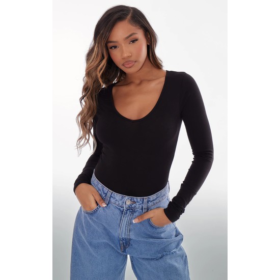 Basic Black Cotton Blend Plunge Long Sleeve Bodysuit Basic Black Cotton Blend Plunge Long Sleeve Bodysuit
