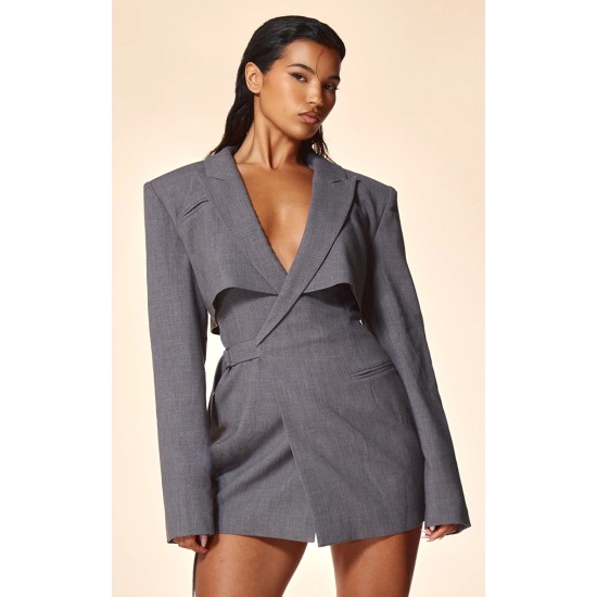 PLT Label Charcoal Tie Side Detail Blazer Dress PLT Label Charcoal Tie Side Detail Blazer Dress